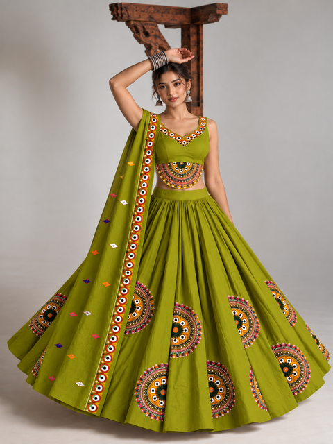 Ghoomar Half Chakra Olive Green Corset Lehenga Set- Plus size