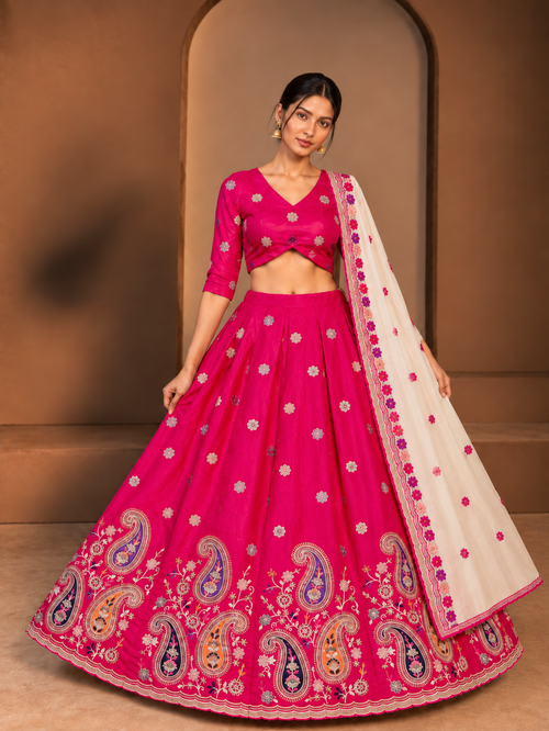 Kajrare Pink Mango Paisley Embroidered Chaniya Choli model view
