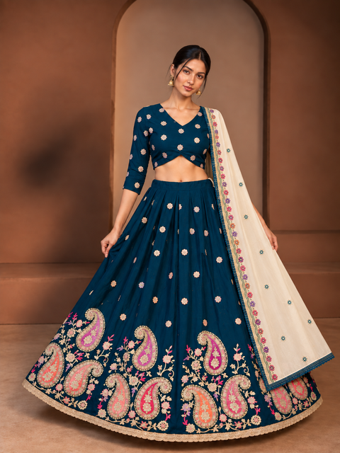 Kajrare Blue Mango Paisley Embroidered Chaniya Choli model view