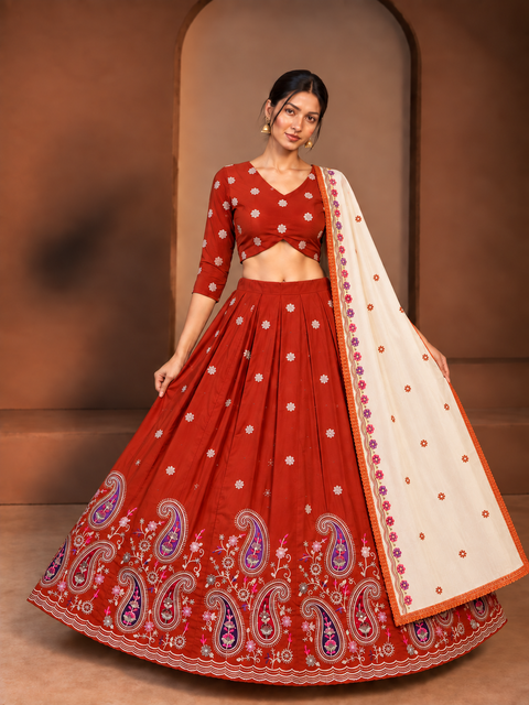 Kajrare Orange Mango Paisley Embroidered Chaniya Choli model view
