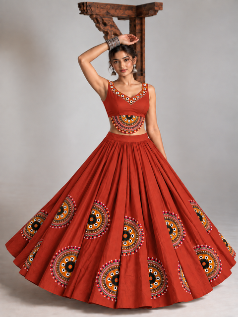 Ghoomar Half Chakra Rust Orange  Corset Chaniya Choli- Plus Size