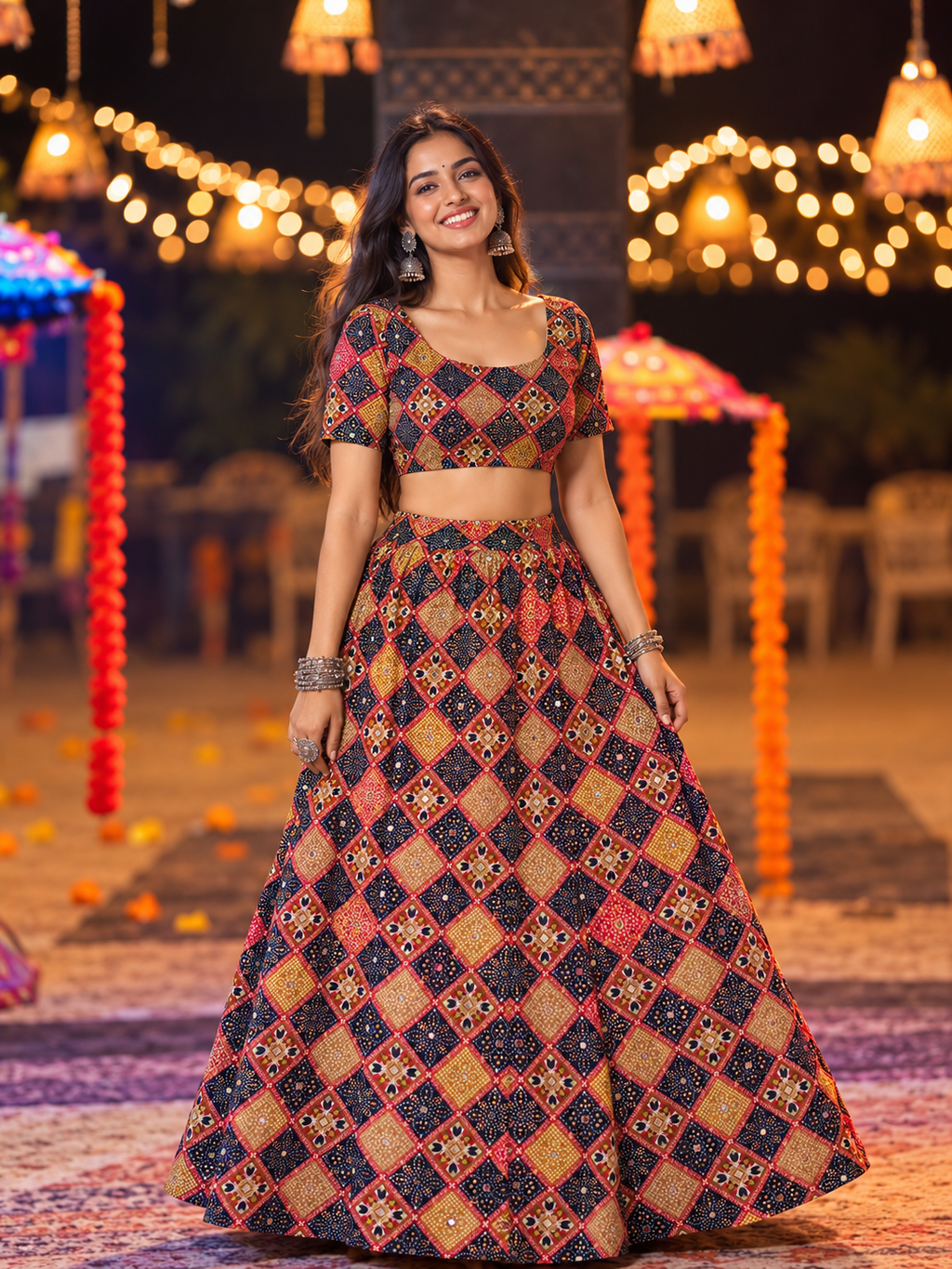 Geometric  Diamond Bandani Print Chania Choli under 2000