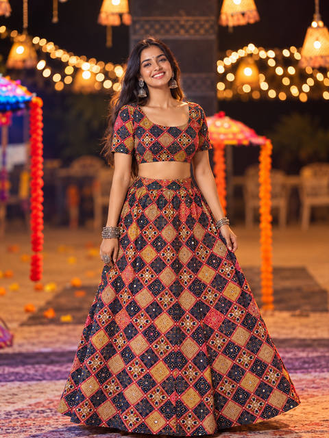 Geometric  Diamond Bandani Print Chania Choli under 2000