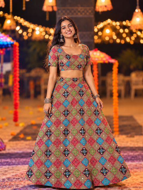 Geometric  Diamond Bandani Print Chania Choli under 2000