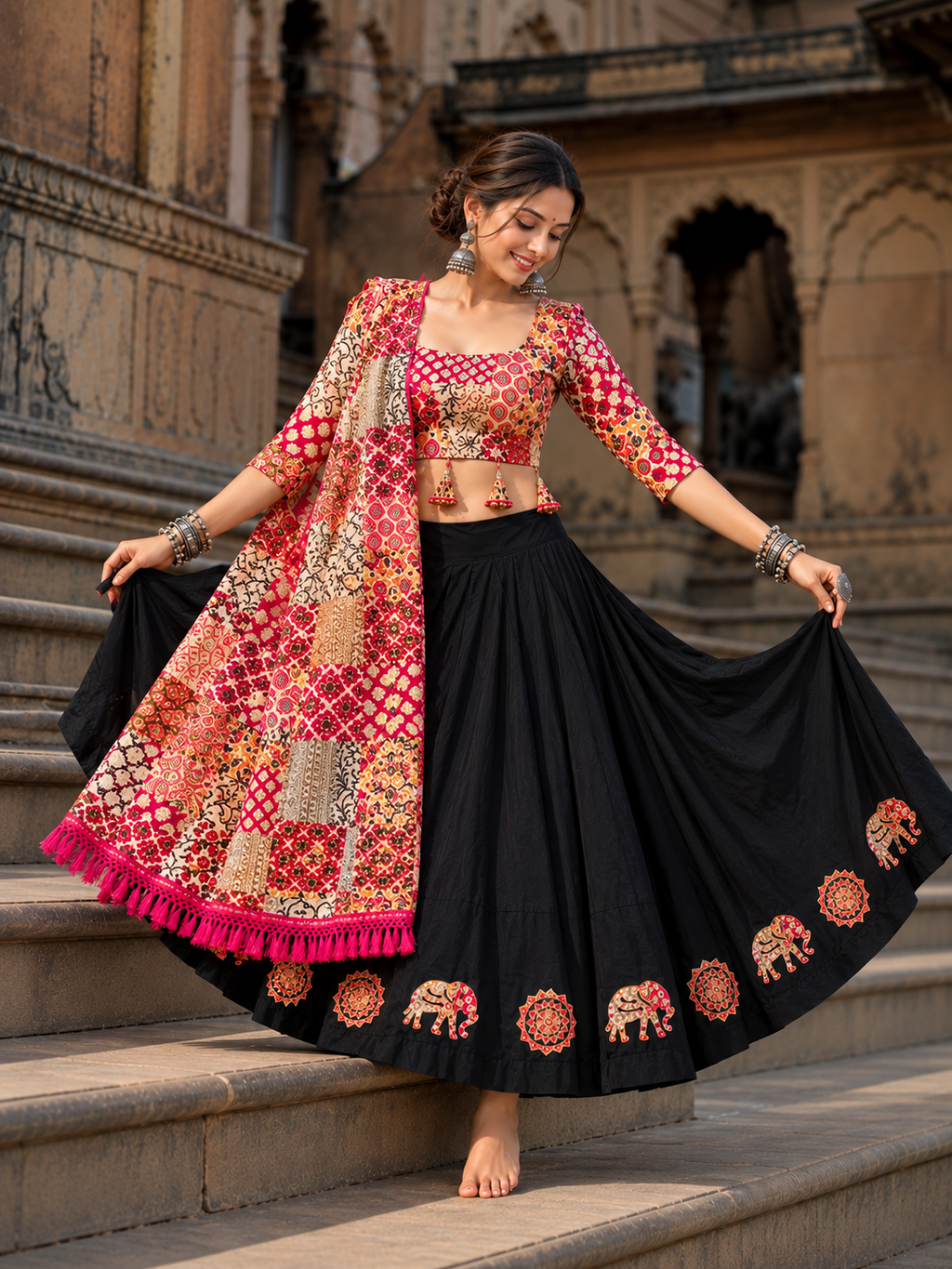 Mother Daughter Matching Black /Pink Ajrak Elephant Applique Ghagra Choli Set