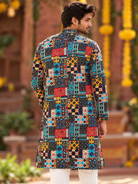 Rang De Basanti – Multicolour Patchwork Print Men's Kurta