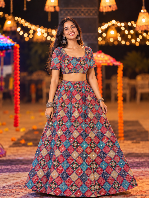 Geometric  Diamond Bandani Print Chania Choli under 2000