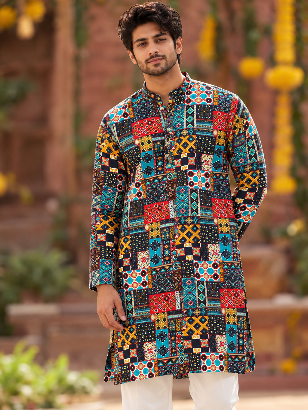Rang De Basanti – Multicolour Patchwork Print Men's Kurta