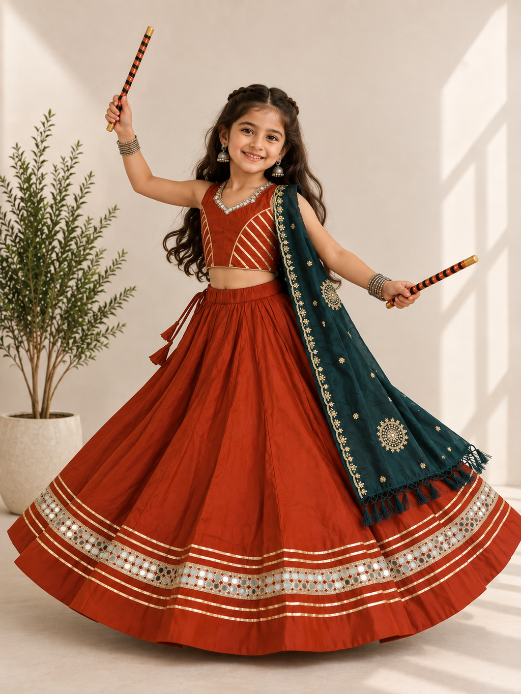 Rust Orange Mirror Work Ghagra Kids