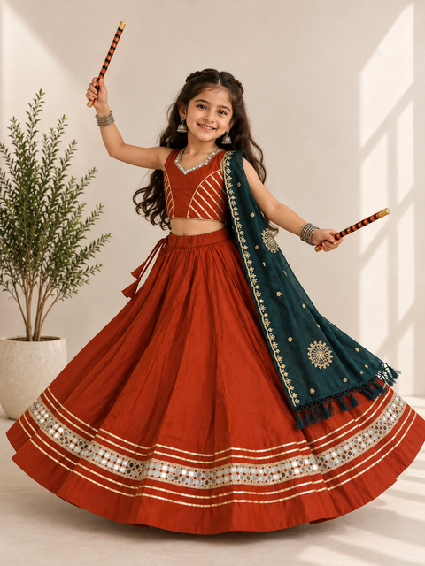 Rust Orange Mirror Work Ghagra Kids
