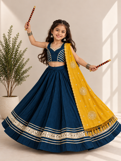Navy Blue Mirror Work Gota Patti Ghagra Kids