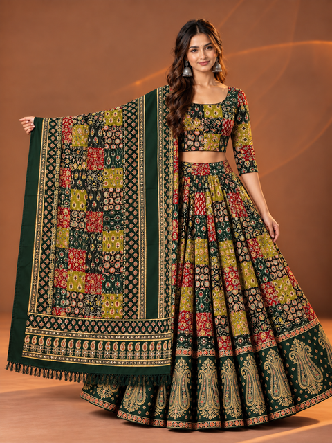 Parrot Green & Yellow Ajrak Appliqué & Sequin Work Ghagra Choli Set with Dupatta