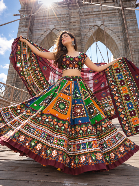 Traditional Gamthi Mirror Work Chaniya Choli with Dupatta – Multicolour Navratri Lehenga Set