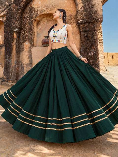 Teen Gotta Patti Lehenga Bottle Green