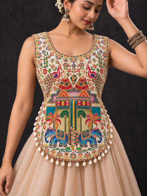 Kedia-style Kurti Blouse White Elephant Motif