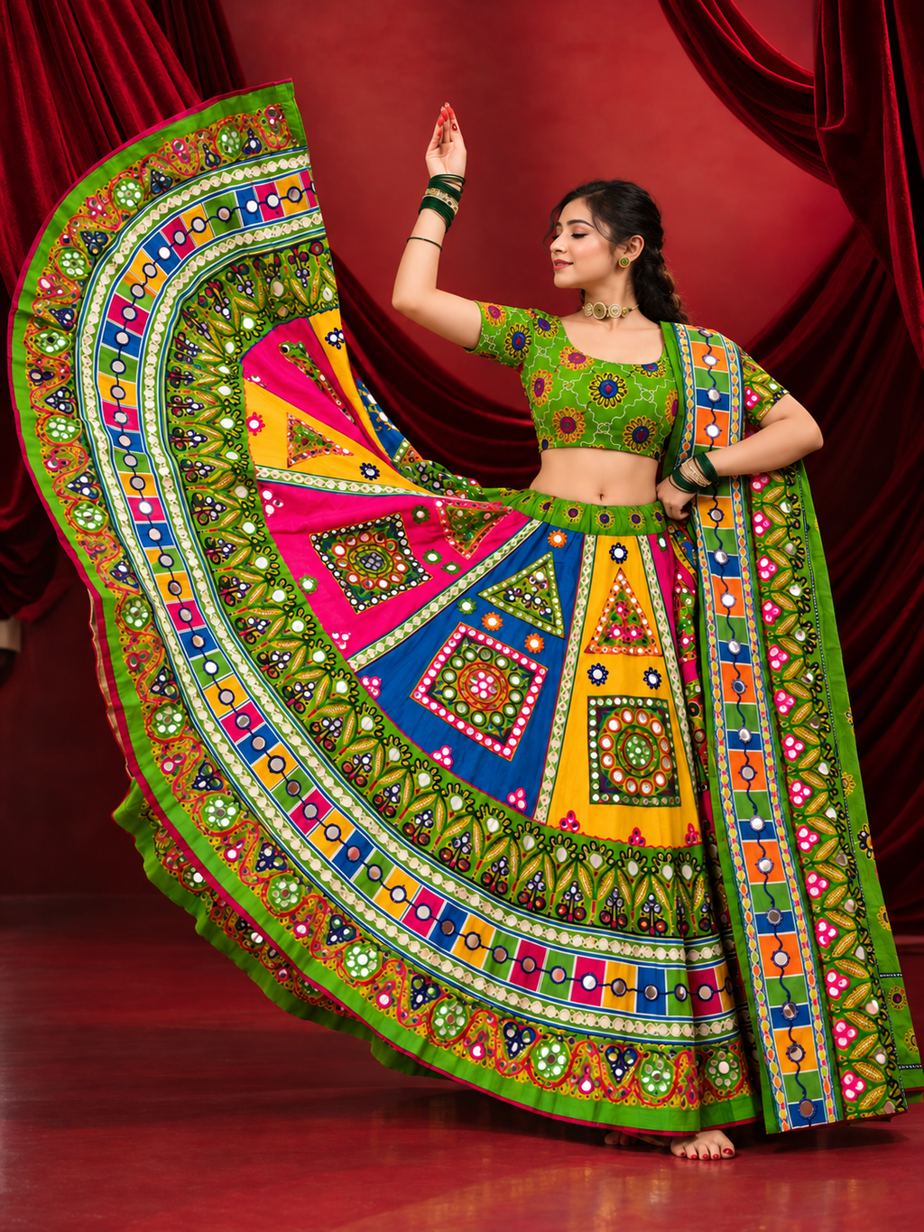 Rangeeli Raas Multicolor Mirror Work Chaniya Choli Set | Green Navratr ...