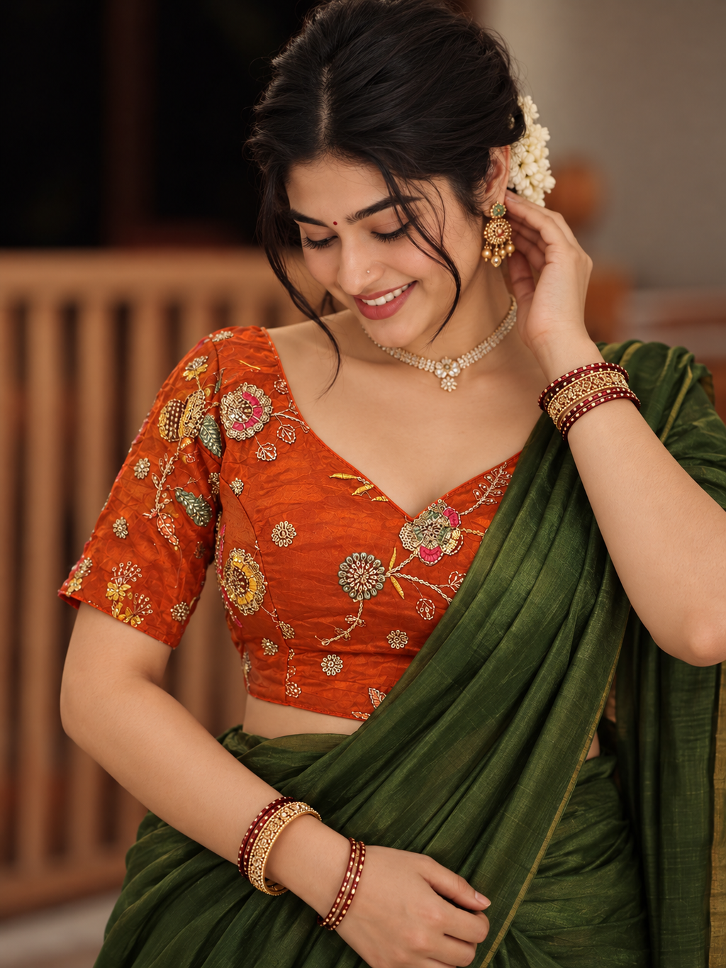 Kesariya Rang Orange Floral Embroidered Designer Blouse | V-Neck Saree Blouse