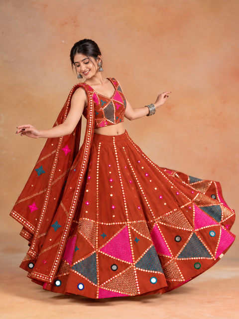 Rust Orange Multicolour Mirror Work Chaniya Choli Set with Geometric Embroidery