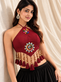 Rangrez Maroon Cowrie Shell Work Halter Neck Blouse with Long Tassels