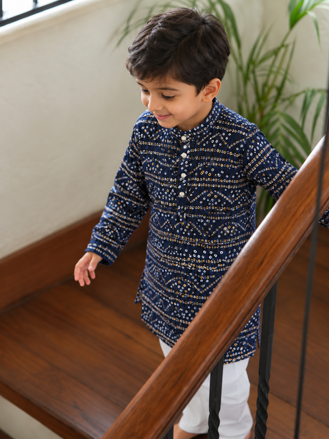 Baadshah – Navy Blue Bandhani Print Kurta for Boys