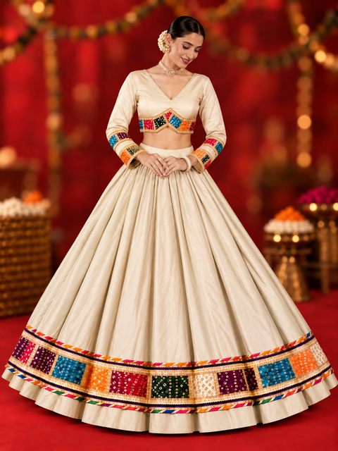 Bole Chudiya Ivory Bandhani Strip Mirror-Work Chania Choli