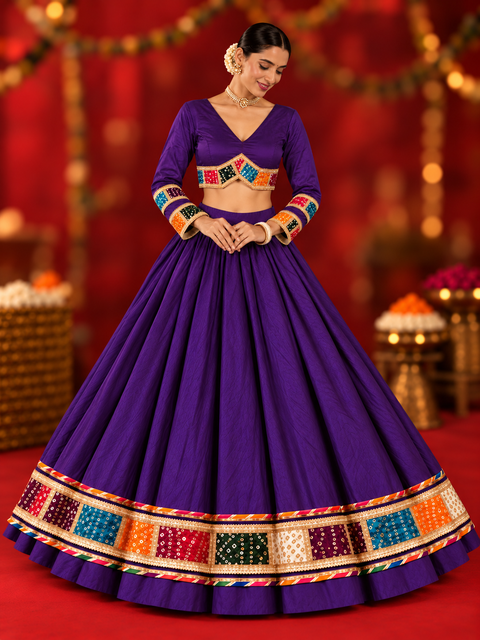 Bole Chudiya Bandhani Patchwork Deep Purple  Chania Choli Plus Size Attachable Sleeve