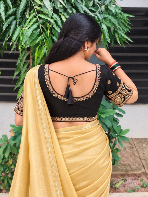 Black & Gold Floral Embroidered Round Neck Saree Blouse | Festive Designer Blouse
