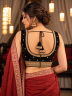 Black Velvet Blouse with Golden Embroidery | Sleeveless V-Neck Designer Saree Blouse