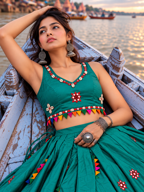 Desi Girl Bunting Dark Green Mirror-Work Chania Choli