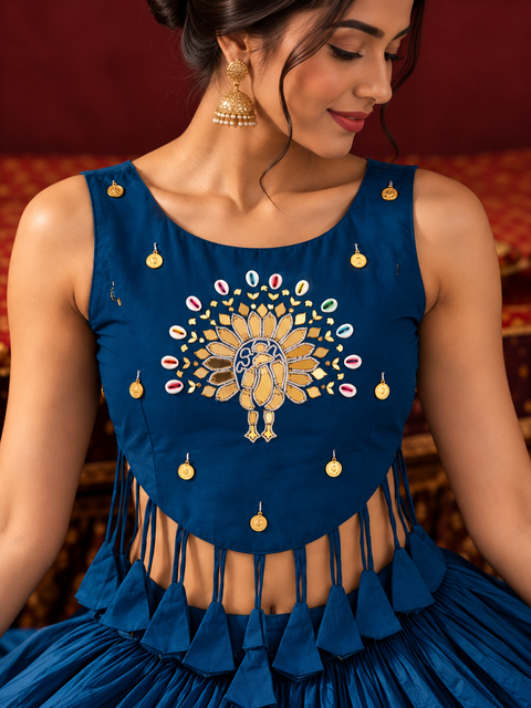 Peacock Coin Work Blue Lehenga Choli Set with Detachable Blouse Overlay | Navratri Garba Outfit