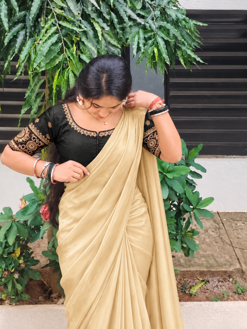 Black & Gold Floral Embroidered Round Neck Saree Blouse | Festive Designer Blouse