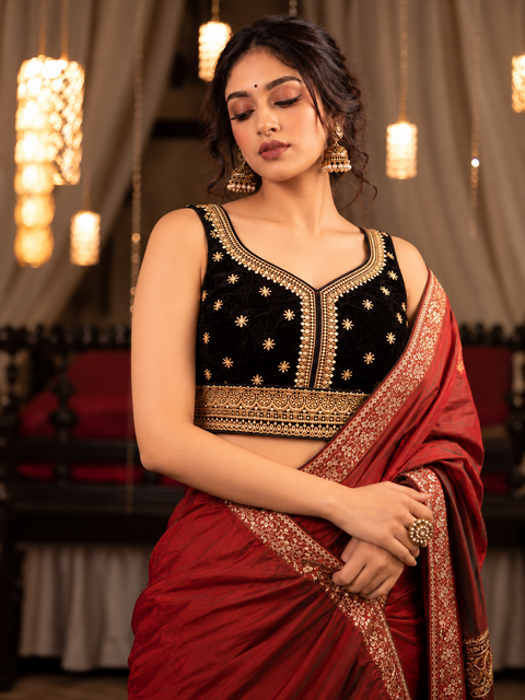 Black Velvet Blouse with Golden Embroidery | Sleeveless V-Neck Designer Saree Blouse