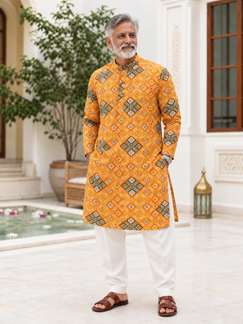 Desi Boyz – Kesari Bandhani Print Kurta for Men