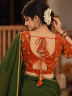 Kesariya Rang Orange Floral Embroidered Designer Blouse | V-Neck Saree Blouse