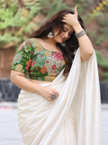 Plus Size Green Floral Embroidered Patchwork Saree Blouse with U Neck