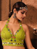 Halter Neck Olive Green Cowrie & Mirror Work Navratri Blouse