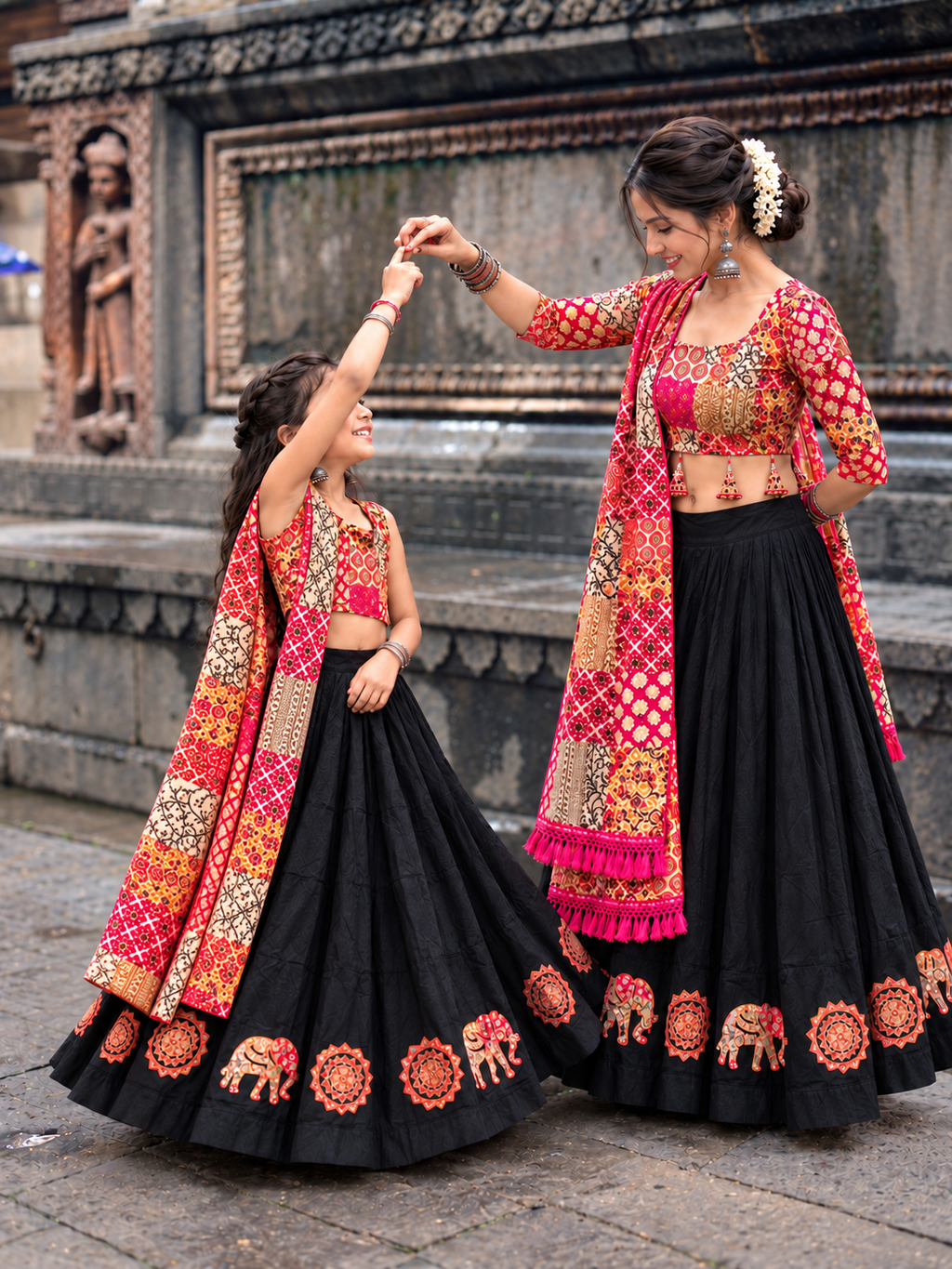 Mother Daughter Matching Black /Pink Ajrak Elephant Applique Ghagra Choli Set