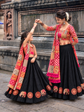Mother Daughter Matching Black /Pink Ajrak Elephant Applique Ghagra Choli Set
