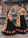 Mother Daughter Matching Black /Green Ajrak Elephant Applique Ghagra Choli Set