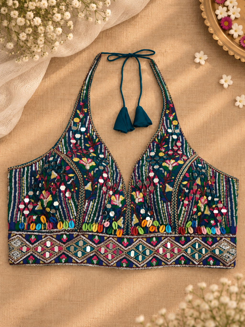 Zingaat Teal Floral Cowrie Mirror Work Navratri Blouse front view