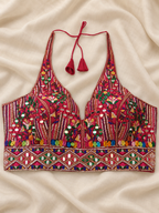 Aaj Ki Raat Red Cowrie Mirror Work Navratri Blouse front view