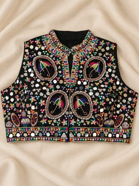 Kamariya Black Umbrella Mirror Work Navratri Blouse front view