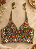 Udi Udi Jaye Olive Floral Cowrie Mirror Work Navratri Blouse front view