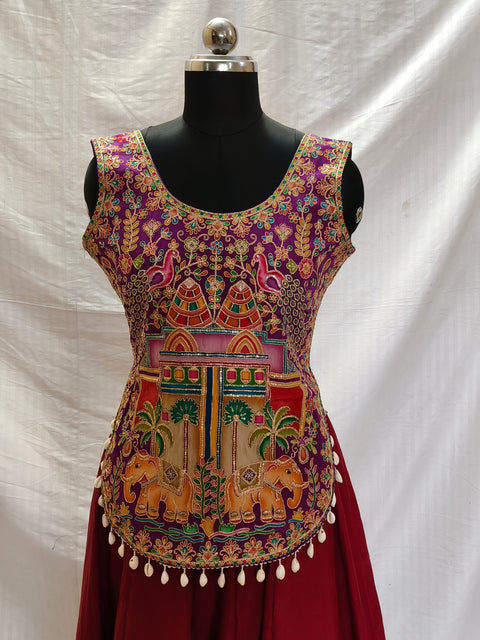 Jhoome Jo Pathaan Purple Two Elephant Embroidered Navratri Blouse front view