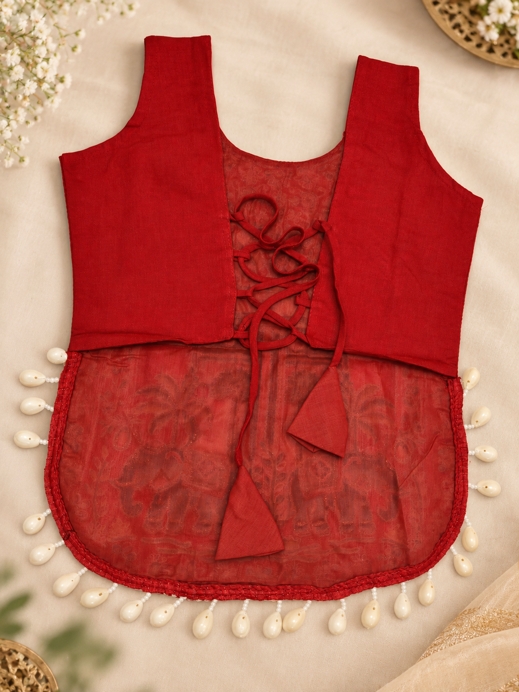 Red Navratri Kedia Kurti Blouse back view