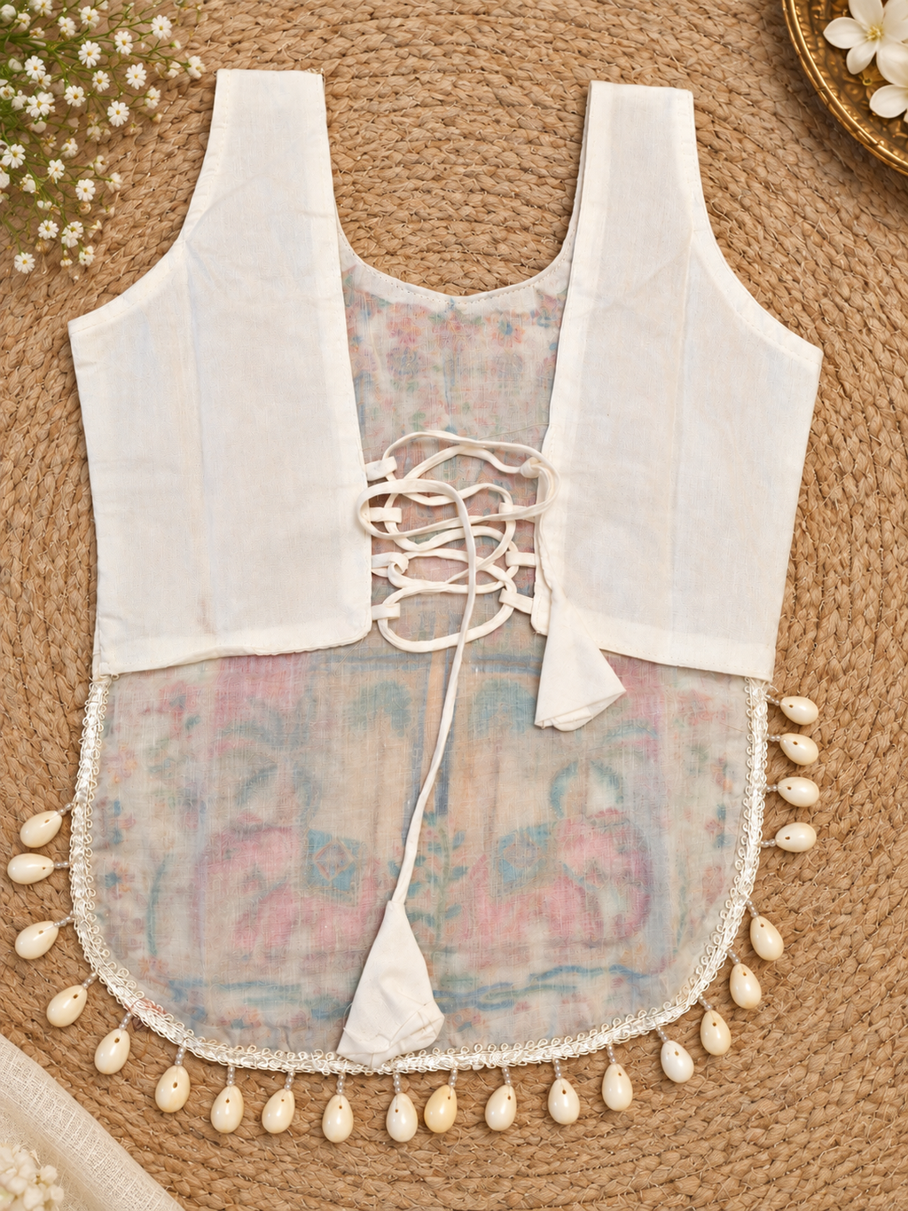 White Navratri Kedia Kurti Blouse back view