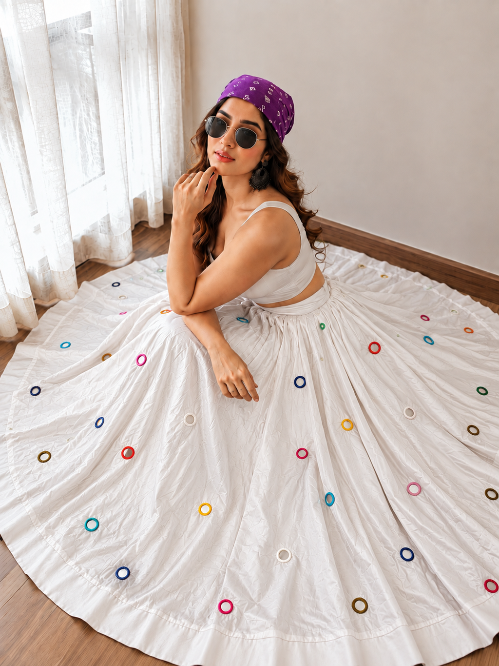 Rangrez mirror circle Navratri lehenga skirt in white