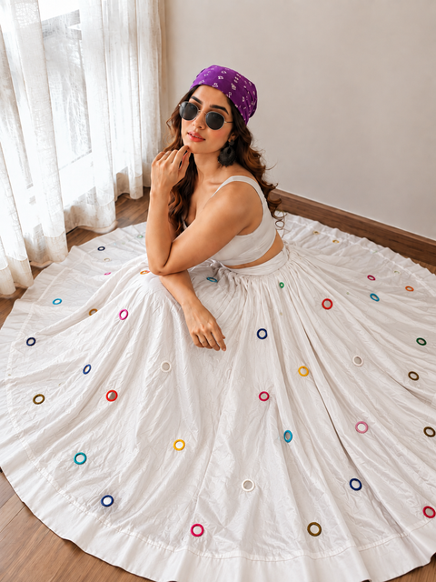 Rangrez mirror circle Navratri lehenga skirt in white