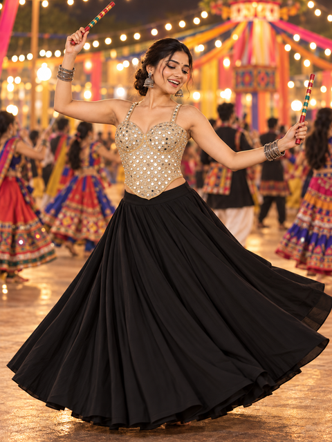 Champagne mirror-work Navratri spaghetti corset blouse