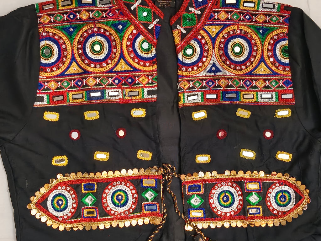 Nawab Kedia black mirror work Navratri Kedia close-up embroidery detail